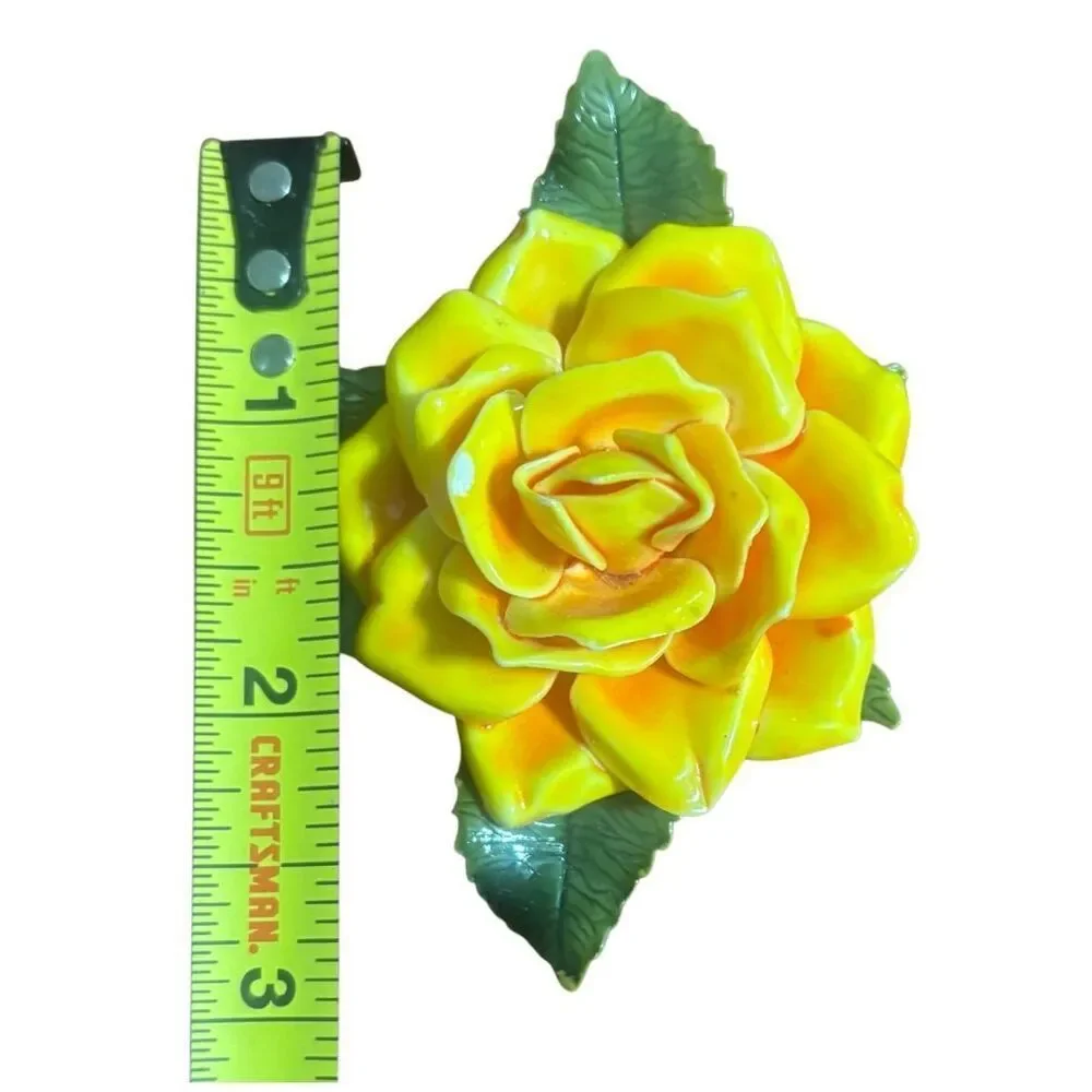Vintage Yellow Rose Enamel Flower Brooch Green Leaves